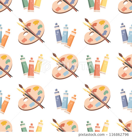 Seamless pattern, palette with paints, brushes and tubes with acrylic. Background with art supplies, accessories for creativity. Print 116862796
