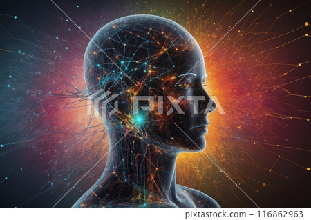 Human head with digital brain and connecting lines 116862963