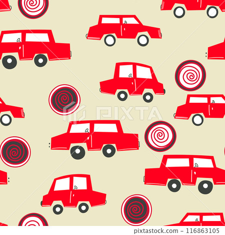 Seamless pattern with cute car on color background. Cartoot transport. Vector illustration. Doodle style. Design for baby print, invitation, poster, card, fabric, textile 116863105
