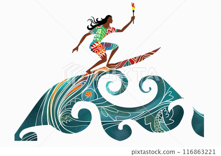 Athlete with Olympic torch surfing on wave. Symbol of Olympic Games 116863221