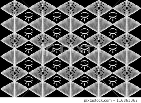 Open closed eyes line art drawing bold black white pattern surface ornament repeated chess geometrical ink watercolor 116863362