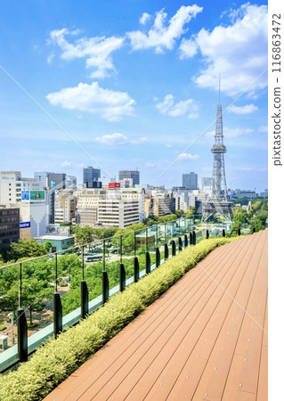 View from the rooftop plaza on the 7th floor of the new Chunichi Building in Nagoya 116863472