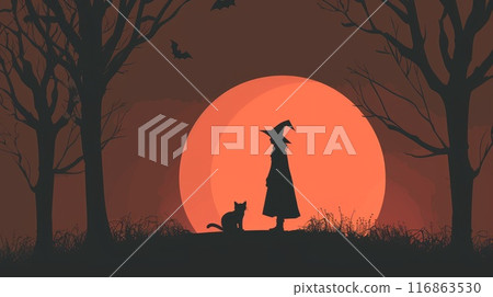 A witch is standing in front of a large orange moon 116863530
