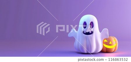 A ghost is standing next to a pumpkin on a purple background 116863532