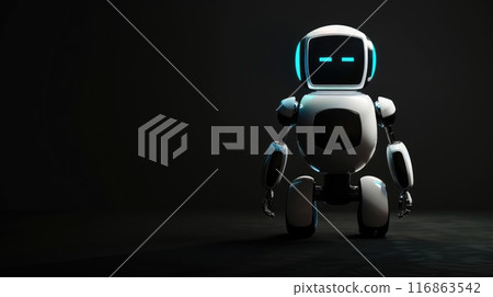 A robot is standing in front of a dark background 116863542