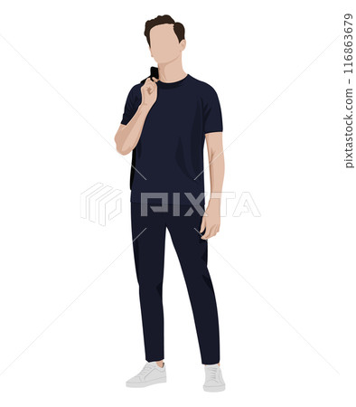 Vector illustration of a man wearing a dark blue t-shirt and dark blue pants. Everyday minimalism Vector illustration of a man wearing a dark blue t-shirt and dark blue pants. Everyday minimalism 116863679