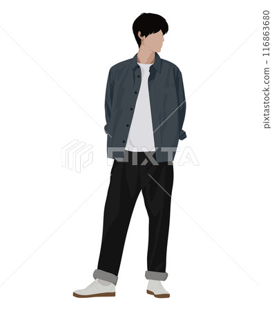 Vector illustration of a man in a gray shirt, white t-shirt and black pants. Casual with an accent Vector illustration of a man in a gray shirt, white t-shirt and black pants. Casual with an accent 116863680