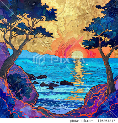 Vibrant oil painting of a sunset over the ocean featuring colorful foliage and gold foil accents 116863847