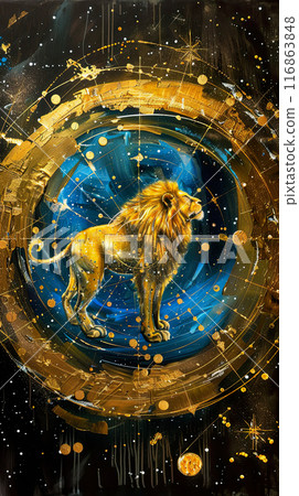 Gold Foil Leo Zodiac Oil Painting for Design and Decor. 116863848