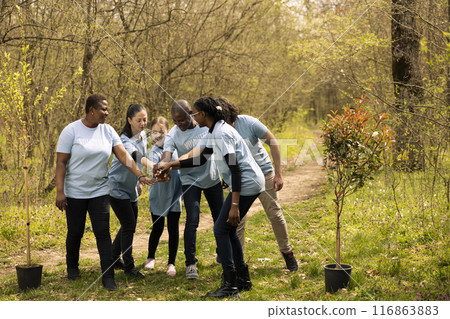 Joyful positive group of environmentalists collaborate to safeguard the ecosystem by growing trees in the forest. Individuals join hands to recognize the voluntary dedication they have. 116863883