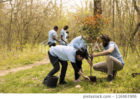 Activists and a kid installing a tree and covering hole in the ground, supporting reforestation and conservation project. Dedicated team working to save the planet, community service. 116863906