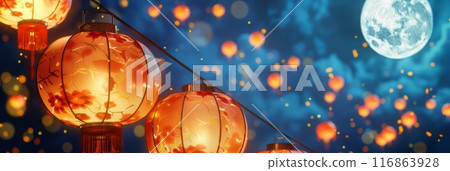 Chinese new year lanterns night on blue sky banner.Ai generative 116863928