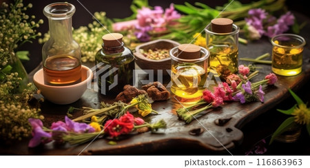 Selection of essential oils, with herbs and flowers in the background Selection of essential oils, with herbs and flowers in the background 116863963