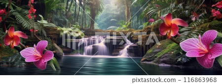 Exotic waterfall and lake panorama landscape with tropical flowers. Ai generative 116863968
