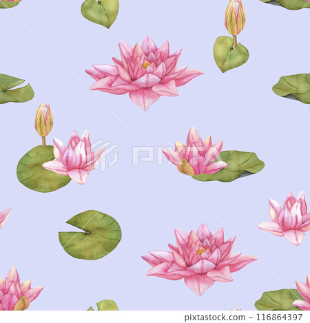 Seamless pattern Lotus Flowers and Buds with Green Leaves on blue Background for Fabric and Decorative Patterns 116864397
