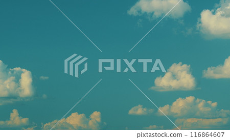 Summer Blue Sky. Layer Of Clouds In Blue Sky Moving. Blue Sky White Clouds. Puffy Fluffy White Clouds. 116864607