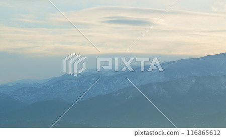 Beautiful Sunrise Over Mountains. Sun Gold Lighting Under Vibrant Colorful Morning Sky In Mountains. Beautiful Sunrise Over Mountains. Sun Gold Lighting Under Vibrant Colorful Morning Sky In Mountains. 116865612