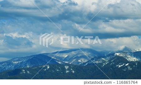 Beautiful View Of The Snow-Covered Spruce And Mountains. Blue Clear Sky. Timelapse. 116865764