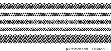Seamless retro knot border set. Black repeating celtic divider or separator collection. Braid rope ornament motif pattern for banner, poster, frame. weaved design elements bundle. Vector pack Seamless retro knot border set. Black repeating celtic divider or separator collection. Braid rope ornament motif pattern for banner, poster, frame. weaved design elements bundle. Vector pack 116865862