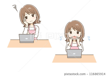 A woman thinking and panicking in front of a computer A woman thinking and panicking in front of a computer 116865914