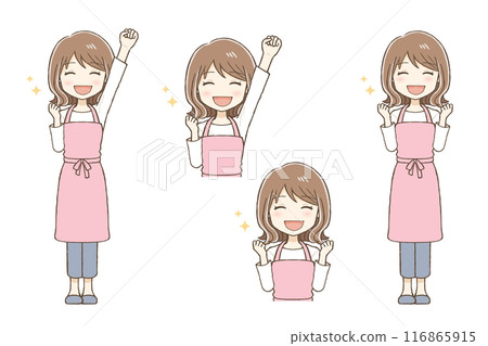 A woman wearing an apron is posing with enthusiasm 116865915