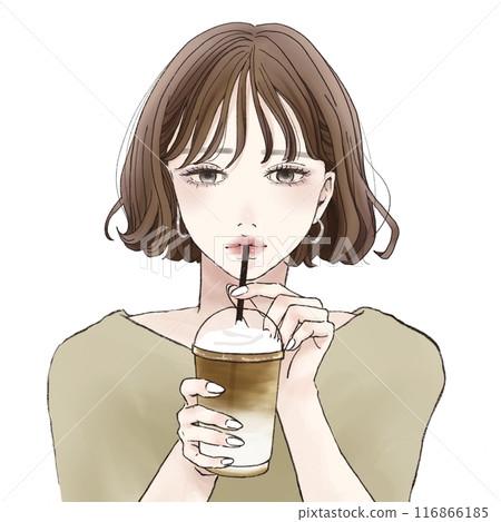 Cute woman drinking cafe latte watercolor painting 116866185