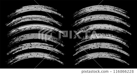 Grunge tire tracks, wheel braking marks. Truck, car or motorcycle tread pattern silhouettes. Auto race, motorsport, speed racing design element. Vector illustration 116866228