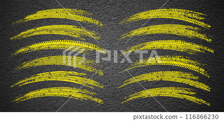 Yellow grunge tire tracks, wheel braking marks. Truck, car or motorcycle tread pattern silhouettes. Auto race, motorsport, speed racing design element. Asphalt texture. Vector illustration 116866230