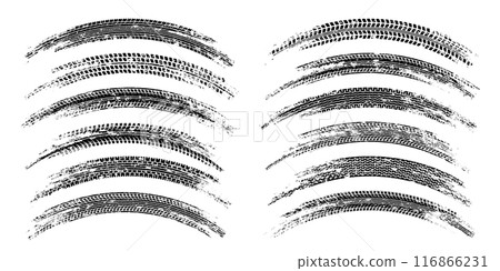 Grunge tire tracks, wheel braking marks. Truck, car or motorcycle tread pattern silhouettes. Auto race, motorsport, speed racing design element. Vector illustration Grunge tire tracks, wheel braking marks. Truck, car or motorcycle tread pattern silhouettes. Auto race, motorsport, speed racing design element. Vector illustration 116866231
