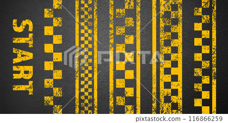 Asphalt road with yellow start or finish checkered line marking, concrete highway surface, texture. Street traffic lane, road dividing strip. Pattern with grainy structure. Vector illustration Asphalt road with yellow start or finish checkered line marking, concrete highway surface, texture. Street traffic lane, road dividing strip. Pattern with grainy structure. Vector illustration 116866259