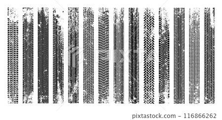 Grunge tire tracks, wheel braking marks. Truck, car or motorcycle tread pattern silhouettes. Auto race, motorsport, speed racing design element. Vector illustration 116866262