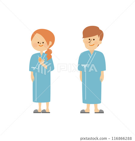 Health checkup: Cute illustration of a man and woman wearing examination clothes 116866288