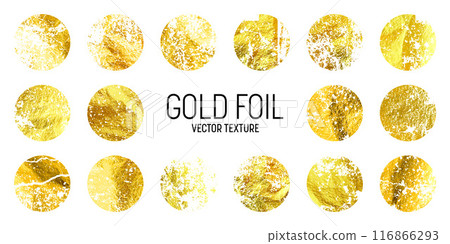 Grunge gold foil, shiny handmade circles. Golden glittering texture, pattern. Luxury shining hand drawn background. Wedding, greeting card decoration elements. Modern art. Vector illustration 116866293