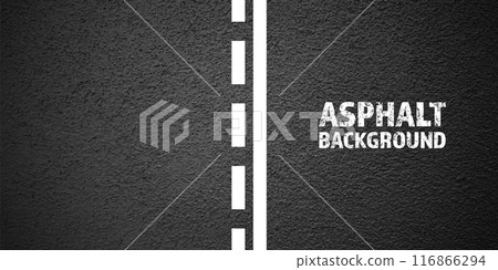 Asphalt road with white lane marking, concrete highway surface, texture. Street traffic line, road dividing strip. Pattern with grainy structure, grunge stone background. Vector illustration 116866294