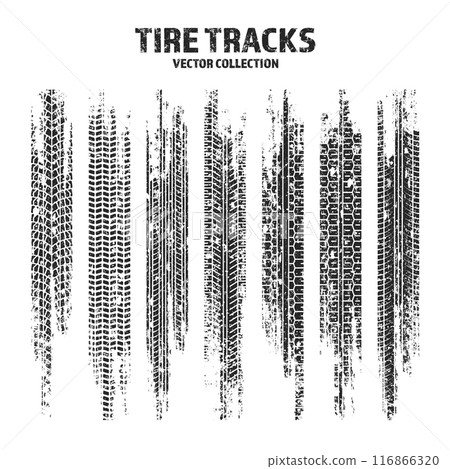 Grunge tire tracks, wheel braking marks. Truck, car or motorcycle tread pattern silhouettes. Auto race, motorsport, speed racing design element. Vector illustration 116866320