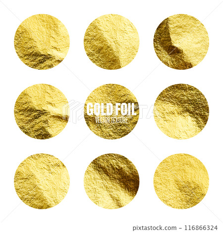 Gold foil, shiny handmade circles. Golden glittering texture, pattern. Luxury shining hand drawn background. Wedding, greeting card decoration elements. Modern minimalist art. Vector illustration 116866324
