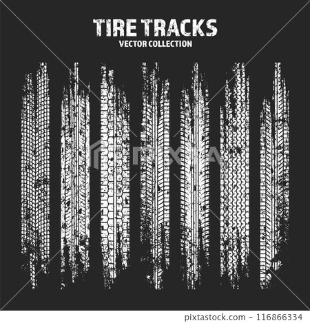 Grunge tire tracks, wheel braking marks. Truck, car or motorcycle tread pattern silhouettes. Auto race, motorsport, speed racing design element. Vector illustration 116866334