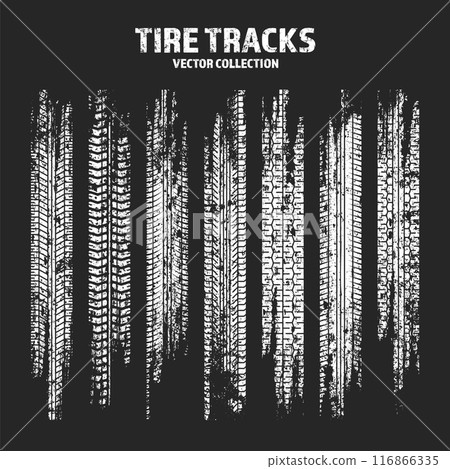Grunge tire tracks, wheel braking marks. Truck, car or motorcycle tread pattern silhouettes. Auto race, motorsport, speed racing design element. Vector illustration 116866335