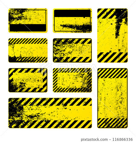 Various yellow grunge warning signs with diagonal lines. Old attention, danger or caution sign, construction site signage. Realistic notice signboard, warning banner, road shield. Vector illustration 116866336