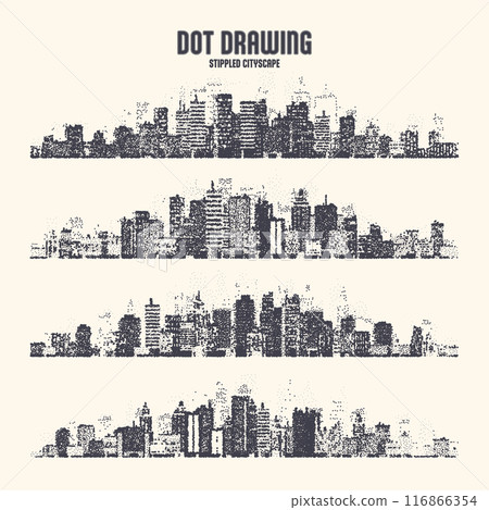 Stippled city silhouettes. Cityscape, town skyline. Midtown, downtown with buildings, houses and skyscrapers. Stippling, dot drawing and shading, stipple pattern, halftone effect. Vector illustration 116866354