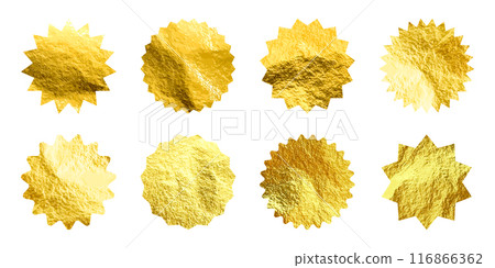 Golden stars, sunburst symbols. Shiny gold foil. Vintage sunbeam symbols. Shopping labels, sale or discount sticker, quality mark. Special offer price tag, promotional badge. Vector illustration 116866362