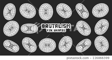 Wireframe shapes, lined torus. Perspective mesh, 3d grid. Modern trendy low poly geometric elements. Retro futuristic design elements, y2k, vaporwave and synthwave style. Vector illustration 116866399