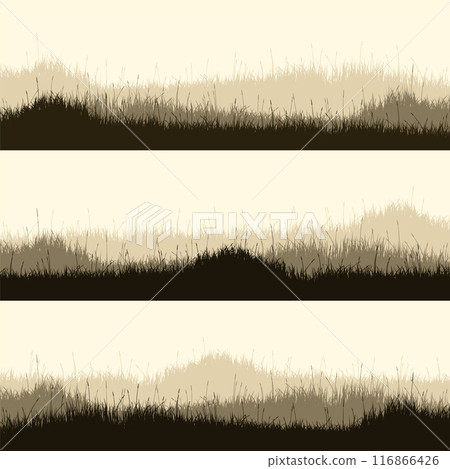 Meadow silhouettes with grass, plants on plain. Panoramic summer lawn landscape with herbs, various weeds. Herbal border, frame. Nature background. Brown horizontal banner. Vector illustration 116866426