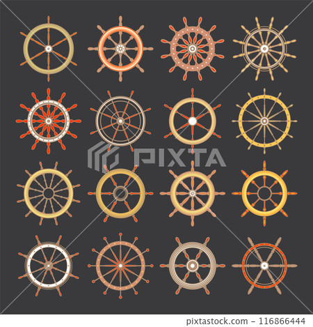 Wooden vintage steering wheels. Ship, sailboat or yacht retro wheel symbol. Colorful nautical rudder icon. Marine logotype design element. Vector illustration 116866444