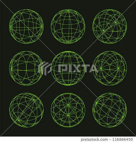 Wireframe shapes, lined sphere. Perspective mesh, 3d grid. Low poly geometric elements. Retro futuristic design elements, y2k, vaporwave and synthwave style. Vector illustration Wireframe shapes, lined sphere. Perspective mesh, 3d grid. Low poly geometric elements. Retro futuristic design elements, y2k, vaporwave and synthwave style. Vector illustration 116866450