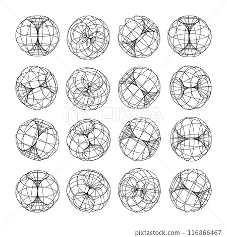 Wireframe lined shapes. Perspective mesh, 3d grid. Low poly geometric elements. Retro futuristic design elements, y2k, vaporwave and synthwave style. Vector illustration Wireframe lined shapes. Perspective mesh, 3d grid. Low poly geometric elements. Retro futuristic design elements, y2k, vaporwave and synthwave style. Vector illustration 116866467