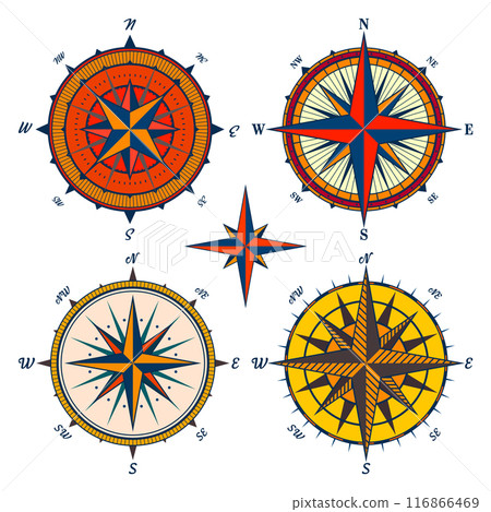 Vintage marine wind rose, nautical chart. Colorful navigational compass with cardinal directions of North, East, South, West. Geographical position, cartography and navigation. Vector illustration Vintage marine wind rose, nautical chart. Colorful navigational compass with cardinal directions of North, East, South, West. Geographical position, cartography and navigation. Vector illustration 116866469