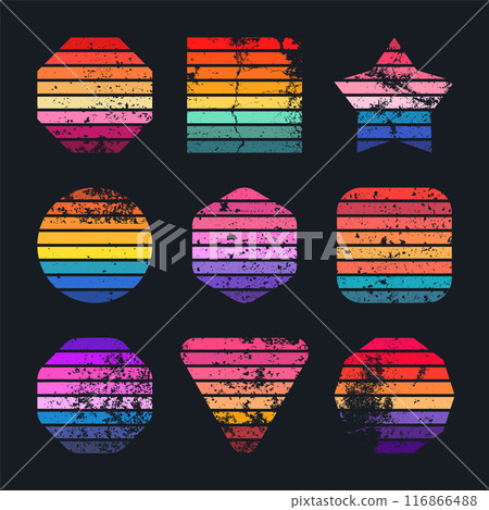 Grunge vintage sunset collection. Various colorful striped sunrise badges in 80s and 90s style. Sun and ocean view, summer vibes, surfing. Design element, print, logo or t-shirt. Vector illustration Grunge vintage sunset collection. Various colorful striped sunrise badges in 80s and 90s style. Sun and ocean view, summer vibes, surfing. Design element, print, logo or t-shirt. Vector illustration 116866488