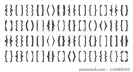 Shaded text brackets, black quotation box. Curly, square and corner parentheses. Vintage typographical symbol, calligraphic quote frame. Doodle, lettering element. Vector illustration Shaded text brackets, black quotation box. Curly, square and corner parentheses. Vintage typographical symbol, calligraphic quote frame. Doodle, lettering element. Vector illustration 116866503