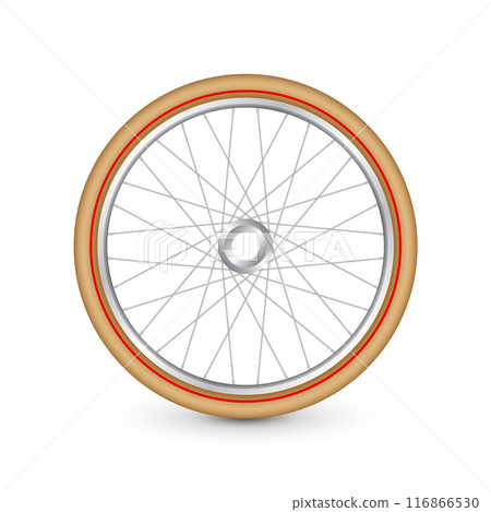Realistic 3d retro bicycle wheel. Bike rubber tire, shiny metal spokes and rim. Fitness cycle, touring, sport, road and mountain bike. Vector illustration 116866530